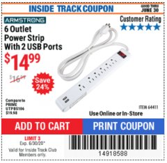 Harbor Freight ITC Coupon 6 OUTLET POWER STRIP WITH 2 USB PORTS Lot No. 64411 Expired: 6/30/20 - $14.99