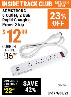 Harbor Freight ITC Coupon 6 OUTLET POWER STRIP WITH 2 USB PORTS Lot No. 64411 Expired: 9/30/21 - $12.99