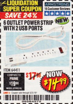 Harbor Freight Coupon 6 OUTLET POWER STRIP WITH 2 USB PORTS Lot No. 64411 Expired: 5/31/19 - $14.99