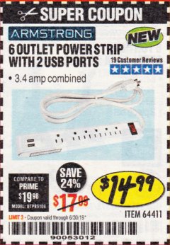 Harbor Freight Coupon 6 OUTLET POWER STRIP WITH 2 USB PORTS Lot No. 64411 Expired: 6/17/19 - $14.99