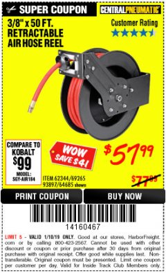 Harbor Freight ITC Coupon 3/8" X 50 FT. RETRACTABLE AIR HOSE REEL Lot No. 46320/69265/62344/64685/93897 Expired: 1/10/19 - $57.99