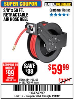 Harbor Freight Coupon 3/8" X 50 FT. RETRACTABLE AIR HOSE REEL Lot No. 46320/69265/62344/64685/93897 Expired: 1/14/19 - $59.99