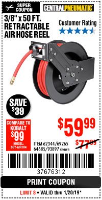 Harbor Freight Coupon 3/8" X 50 FT. RETRACTABLE AIR HOSE REEL Lot No. 46320/69265/62344/64685/93897 Expired: 1/20/19 - $59.99