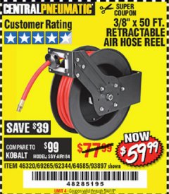 Harbor Freight Coupon 3/8" X 50 FT. RETRACTABLE AIR HOSE REEL Lot No. 46320/69265/62344/64685/93897 Expired: 5/4/19 - $59.99