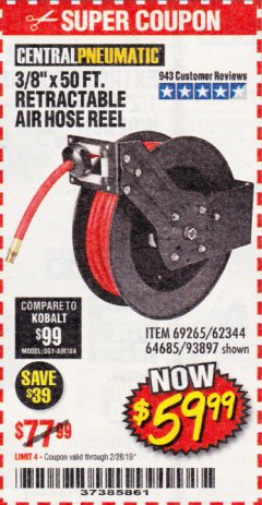Harbor Freight Coupon 3/8" X 50 FT. RETRACTABLE AIR HOSE REEL Lot No. 46320/69265/62344/64685/93897 Expired: 2/28/19 - $59.99