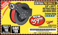 Harbor Freight Coupon 3/8" X 50 FT. RETRACTABLE AIR HOSE REEL Lot No. 46320/69265/62344/64685/93897 Expired: 4/5/19 - $59.99