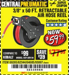 Harbor Freight Coupon 3/8" X 50 FT. RETRACTABLE AIR HOSE REEL Lot No. 46320/69265/62344/64685/93897 Expired: 6/1/19 - $59.99