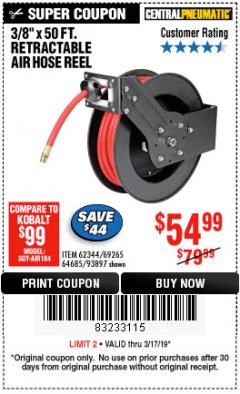 Harbor Freight Coupon 3/8" X 50 FT. RETRACTABLE AIR HOSE REEL Lot No. 46320/69265/62344/64685/93897 Expired: 3/17/19 - $54.99