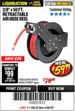 Harbor Freight Coupon 3/8" X 50 FT. RETRACTABLE AIR HOSE REEL Lot No. 46320/69265/62344/64685/93897 Expired: 4/30/19 - $59.99