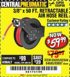 Harbor Freight Coupon 3/8" X 50 FT. RETRACTABLE AIR HOSE REEL Lot No. 46320/69265/62344/64685/93897 Expired: 8/5/19 - $59.99