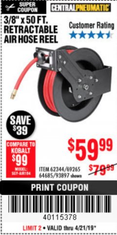 Harbor Freight Coupon 3/8" X 50 FT. RETRACTABLE AIR HOSE REEL Lot No. 46320/69265/62344/64685/93897 Expired: 4/21/19 - $59.99