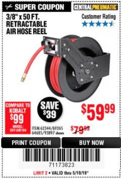 Harbor Freight Coupon 3/8" X 50 FT. RETRACTABLE AIR HOSE REEL Lot No. 46320/69265/62344/64685/93897 Expired: 5/19/19 - $59.99