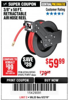 Harbor Freight Coupon 3/8" X 50 FT. RETRACTABLE AIR HOSE REEL Lot No. 46320/69265/62344/64685/93897 Expired: 6/2/19 - $59.99