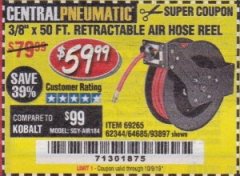 Harbor Freight Coupon 3/8" X 50 FT. RETRACTABLE AIR HOSE REEL Lot No. 46320/69265/62344/64685/93897 Expired: 10/9/19 - $59.99