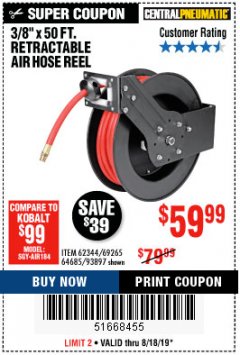 Harbor Freight Coupon 3/8" X 50 FT. RETRACTABLE AIR HOSE REEL Lot No. 46320/69265/62344/64685/93897 Expired: 8/18/19 - $59.99