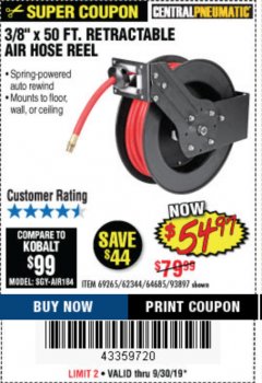 Harbor Freight Coupon 3/8" X 50 FT. RETRACTABLE AIR HOSE REEL Lot No. 46320/69265/62344/64685/93897 Expired: 9/30/19 - $54.97