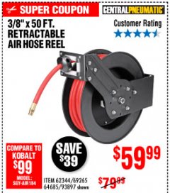 Harbor Freight Coupon 3/8" X 50 FT. RETRACTABLE AIR HOSE REEL Lot No. 46320/69265/62344/64685/93897 Expired: 10/4/19 - $59.99