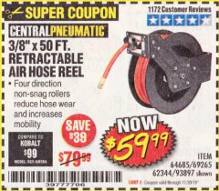 Harbor Freight Coupon 3/8" X 50 FT. RETRACTABLE AIR HOSE REEL Lot No. 46320/69265/62344/64685/93897 Expired: 11/30/19 - $59.99
