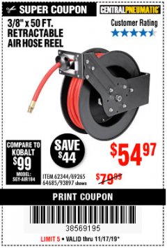 Harbor Freight Coupon 3/8" X 50 FT. RETRACTABLE AIR HOSE REEL Lot No. 46320/69265/62344/64685/93897 Expired: 11/17/19 - $54.97