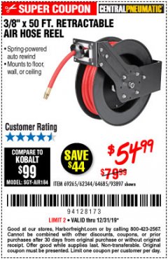 Harbor Freight Coupon 3/8" X 50 FT. RETRACTABLE AIR HOSE REEL Lot No. 46320/69265/62344/64685/93897 Expired: 12/31/19 - $54.99