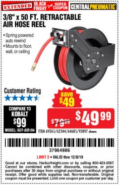 Harbor Freight Coupon 3/8" X 50 FT. RETRACTABLE AIR HOSE REEL Lot No. 46320/69265/62344/64685/93897 Expired: 12/8/19 - $49.99
