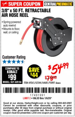 Harbor Freight Coupon 3/8" X 50 FT. RETRACTABLE AIR HOSE REEL Lot No. 46320/69265/62344/64685/93897 Expired: 1/6/20 - $54.99