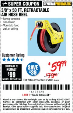 Harbor Freight Coupon 3/8" X 50 FT. RETRACTABLE AIR HOSE REEL Lot No. 46320/69265/62344/64685/93897 Expired: 2/7/20 - $59.99