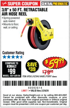 Harbor Freight Coupon 3/8" X 50 FT. RETRACTABLE AIR HOSE REEL Lot No. 46320/69265/62344/64685/93897 Expired: 2/29/20 - $59.99