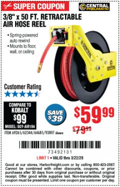 Harbor Freight Coupon 3/8" X 50 FT. RETRACTABLE AIR HOSE REEL Lot No. 46320/69265/62344/64685/93897 Expired: 3/22/20 - $59.99