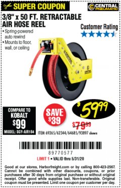 Harbor Freight Coupon 3/8" X 50 FT. RETRACTABLE AIR HOSE REEL Lot No. 46320/69265/62344/64685/93897 Expired: 6/30/20 - $59.99