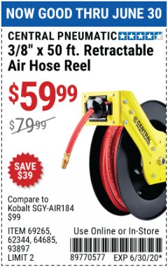 Harbor Freight Coupon 3/8" X 50 FT. RETRACTABLE AIR HOSE REEL Lot No. 46320/69265/62344/64685/93897 Expired: 6/30/20 - $59.99