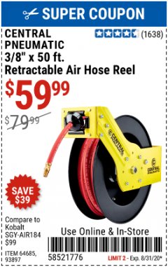 Harbor Freight Coupon 3/8" X 50 FT. RETRACTABLE AIR HOSE REEL Lot No. 46320/69265/62344/64685/93897 Expired: 8/31/20 - $59.99
