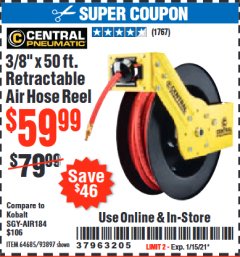 Harbor Freight Coupon 3/8" X 50 FT. RETRACTABLE AIR HOSE REEL Lot No. 46320/69265/62344/64685/93897 Expired: 1/15/21 - $59.99