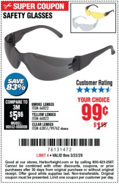 Harbor Freight Coupon SAFETY GLASSES Lot No. 66822/66823/63851/99762 Expired: 3/22/20 - $0.99