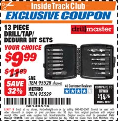 Harbor Freight ITC Coupon DRILLMASTER 13 PIECE DRILL/TAP/DEBURR BIT SETS (SAE OR METRIC) Lot No. 95528/95529 Expired: 12/31/18 - $9.99
