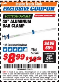 Harbor Freight ITC Coupon PITTSBURGH 48" ALUMINUM BAR CLAMP Lot No. 60540 Expired: 12/31/18 - $8.99