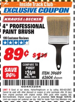 Harbor Freight ITC Coupon 4" PROFESSIONAL PAINT BRUSH Lot No. 62604 Expired: 12/31/18 - $0.89