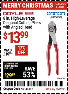 Harbor Freight Coupon 8" HIGH LEVERAGE DIAGONAL CUTTING PLIERS WITH ANGLED HEAD Lot No. 64568/63826 Expired: 12/10/23 - $13.99
