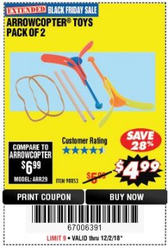 Harbor Freight Coupon ARROWCOPTER TOYS PACK OF 2 Lot No. 98853 Expired: 12/2/18 - $4.99