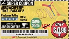 Harbor Freight Coupon ARROWCOPTER TOYS PACK OF 2 Lot No. 98853 Expired: 4/9/19 - $4.99