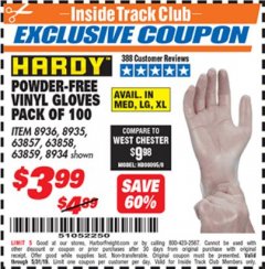Harbor Freight ITC Coupon POWDER-FREE VINYL GLOVES PACK OF 100 Lot No. 63857/8935/63858/8936/63859/8934 Expired: 5/31/19 - $3.99