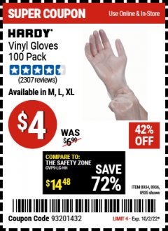 Harbor Freight Coupon POWDER-FREE VINYL GLOVES PACK OF 100 Lot No. 63857/8935/63858/8936/63859/8934 EXPIRES: 10/2/22 - $4