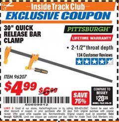Harbor Freight ITC Coupon 30" QUICK RELEASE BAR CLAMP Lot No. 96207 Expired: 12/31/18 - $4.99