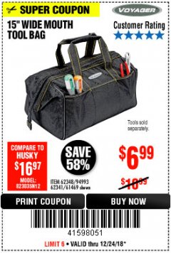 Harbor Freight Coupon 15" WIDE MOUTH TOOL BAG Lot No. 62348/62341/61469 Expired: 12/24/18 - $6.99