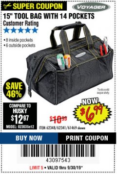 Harbor Freight Coupon 15" WIDE MOUTH TOOL BAG Lot No. 62348/62341/61469 Expired: 9/30/19 - $6.99