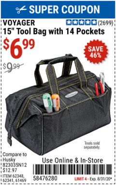 Harbor Freight Coupon 15" WIDE MOUTH TOOL BAG Lot No. 62348/62341/61469 Expired: 8/31/20 - $6.99