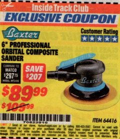 Harbor Freight ITC Coupon BAXTER 6" PALM ORBITAL AIR SANDER Lot No. 64416 Expired: 7/31/19 - $89.99