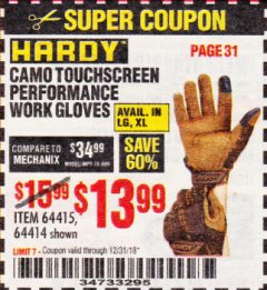 Harbor Freight Coupon HARDY CAMO TOUCHSCREEN PERFORMANCE WORK GLOVES Lot No. 64415/64414 Expired: 12/31/18 - $13.99