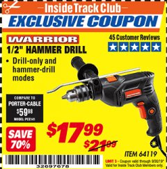 Harbor Freight ITC Coupon WARRIOR 1/2" HAMMER DRILL Lot No. 64119 Expired: 9/30/19 - $17.99