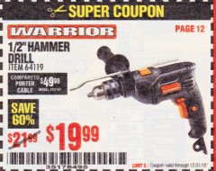 Harbor Freight Coupon WARRIOR 1/2" HAMMER DRILL Lot No. 64119 Expired: 12/31/18 - $19.99